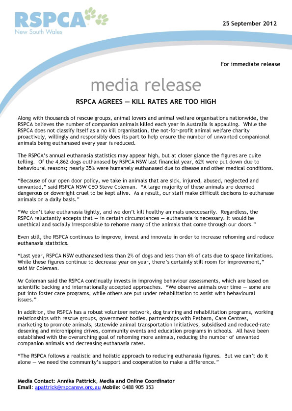 RSPCA NSW MEDIA RELEASE (following Insight, SBS 25/9/2012)